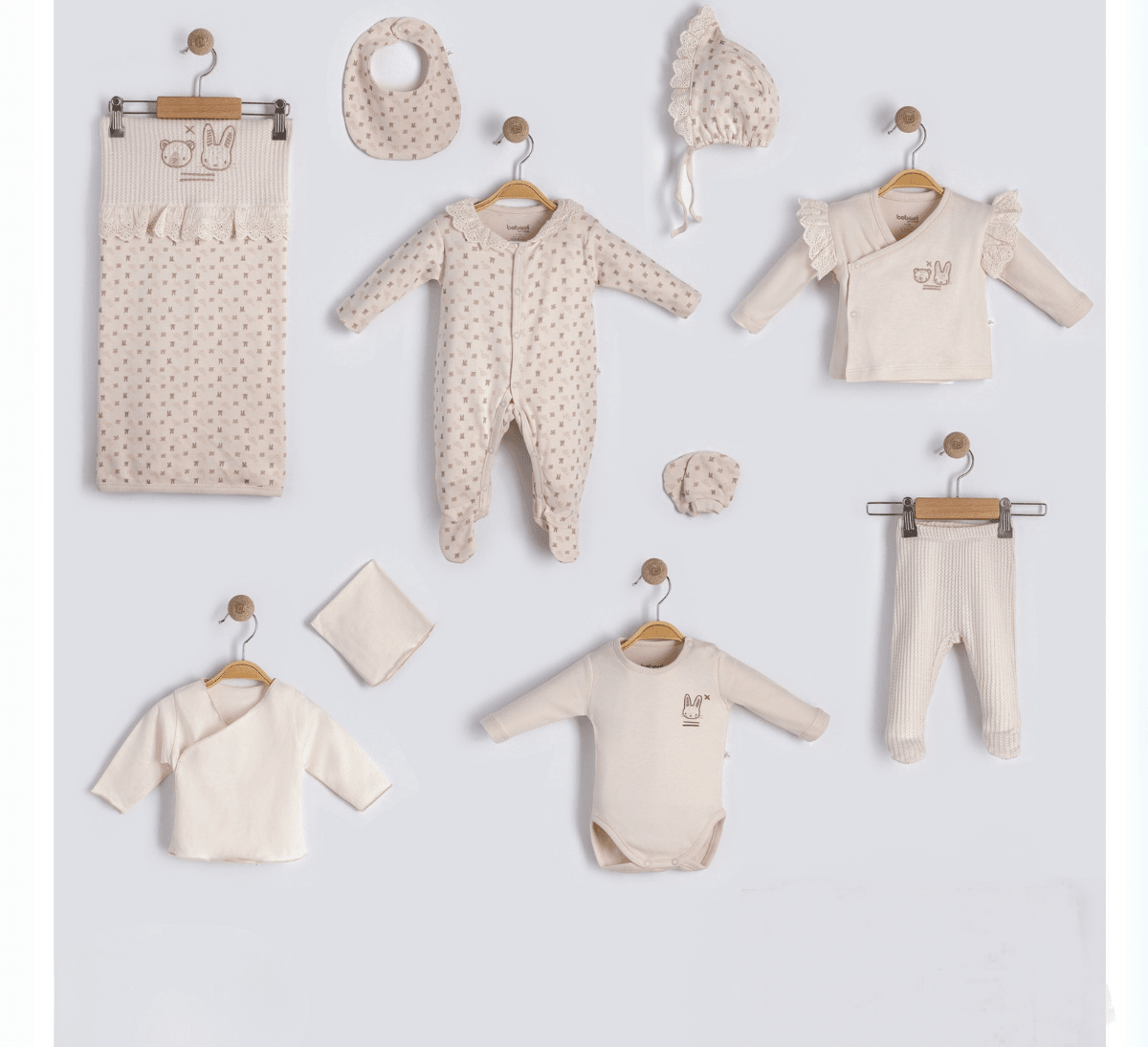 10'lu Kız Bebek Tavşan Desen Dantel Detaylı Hastane Çıkışı Set (Bej-Ekru)