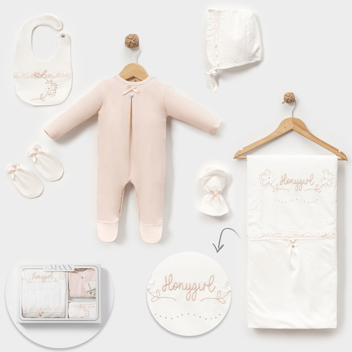 5'li Kız Bebek Honygirl Tulumlu Hastane Çıkışı Set (Pembe-Bej)