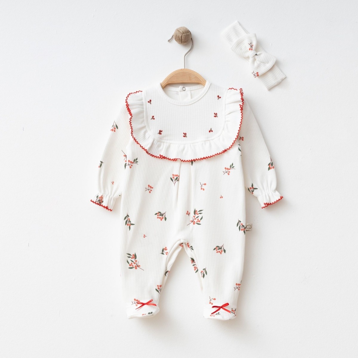 2'li Kız Bebek Kokina Desenli Tulum Bandana Set