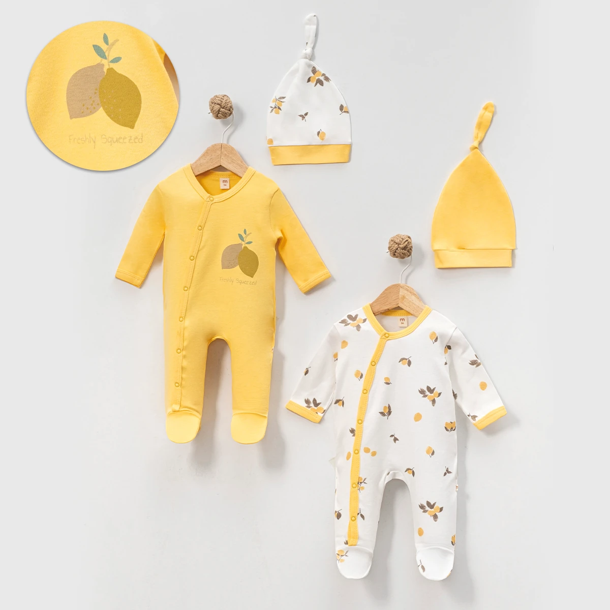 4'lü Limon Desenli Sarı Tulum ve Şapka Set