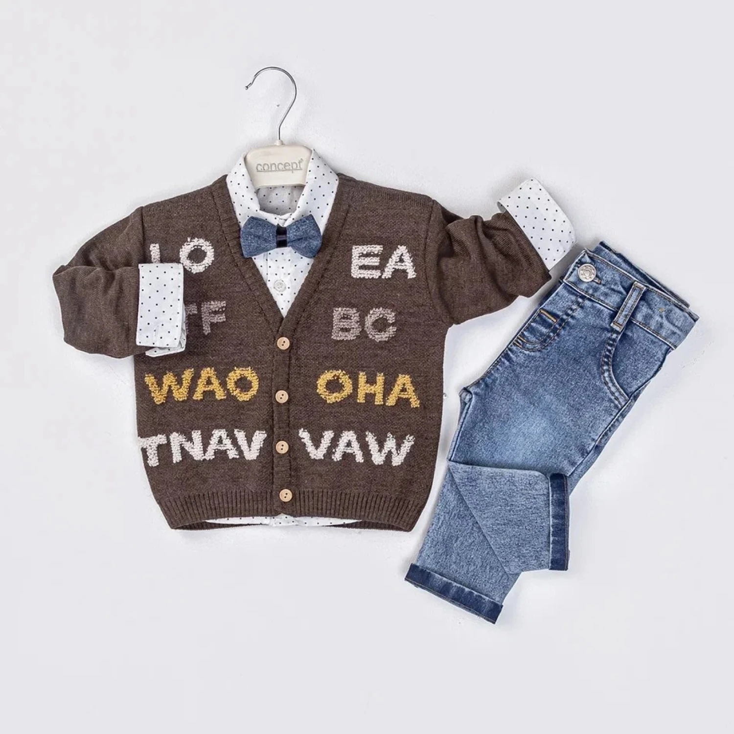 3'lü Erkek Bebek Triko Süzeneli Hırkalı Papyonlu Kahve Takım