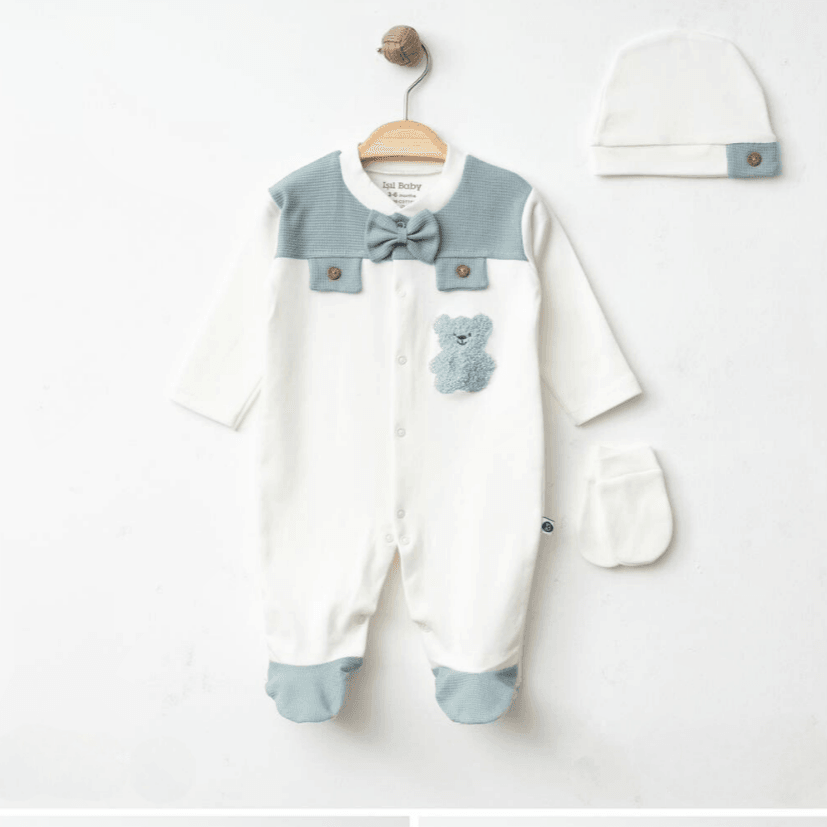 3'lü Ayıcık Erkek Bebek Tulum, Şapka ve Eldiven Set