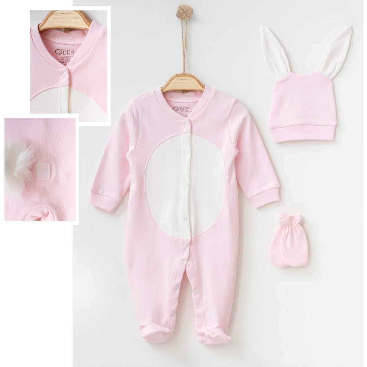 3'lü Tavşanlı Tulum, Eldiven ve Şapka Set (Pembe-Mavi-Sarı)