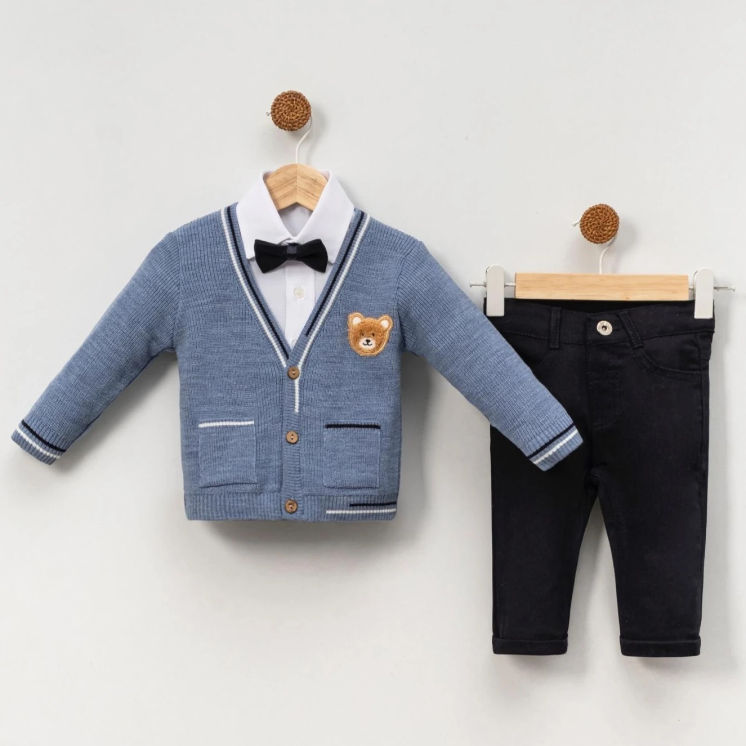 3'lü Erkek Bebek Triko Hırkalı İndigo Takım