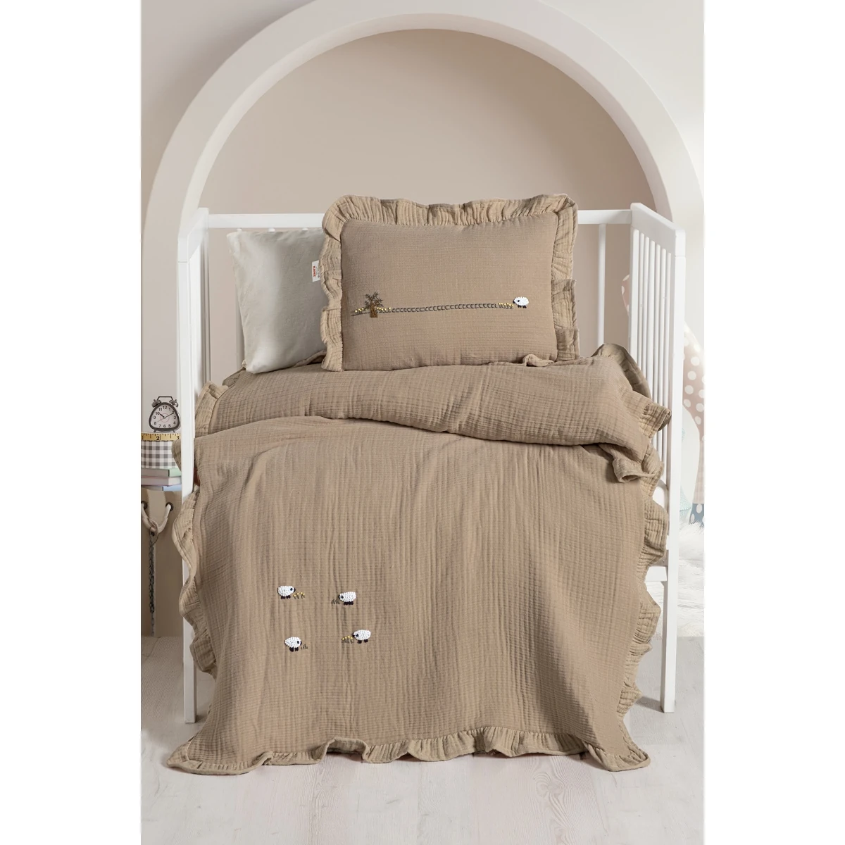 4'lü 4 Kat Müslin El İşi Nakış İşlemeli Nevresim Takımı - Bej