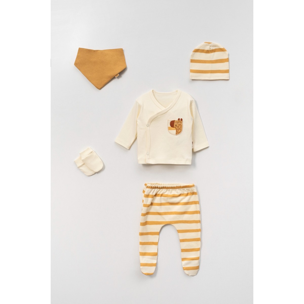 5'li Erkek Bebek Zebra Desen Cep Nakışlı Hastane Çıkışı (İndigo-Kahve-Mint) 