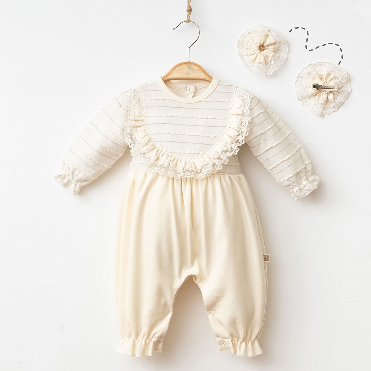 2'li Kız Bebek Tulum ve Simli Toka Set (Krem-Kahve)
