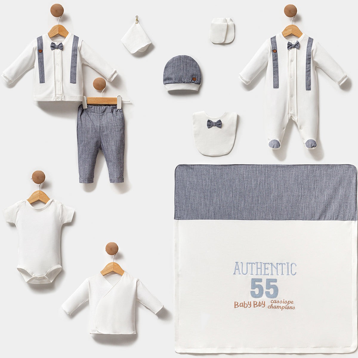 10'lu Erkek Bebek Papyonlu İndigo Hastane Çıkışı Set