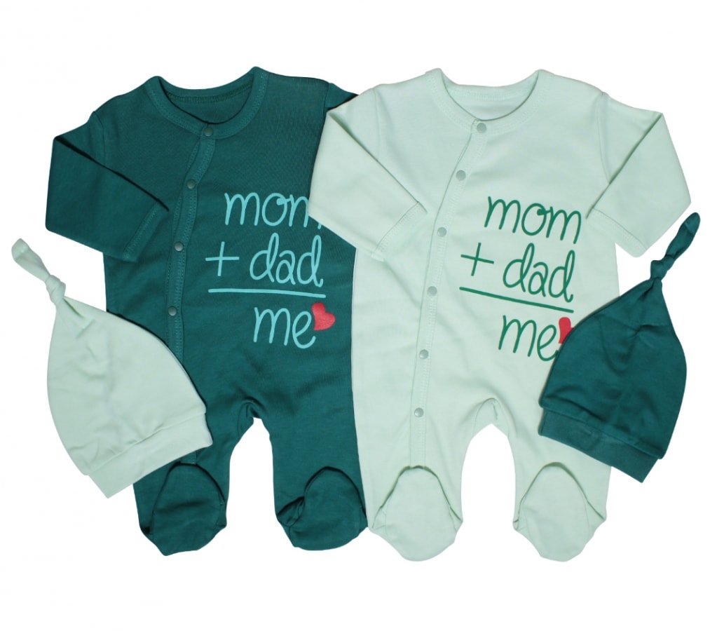 4'lü 0-3 Ay Mom Dad Me Yeşil Tulum Şapka Set
