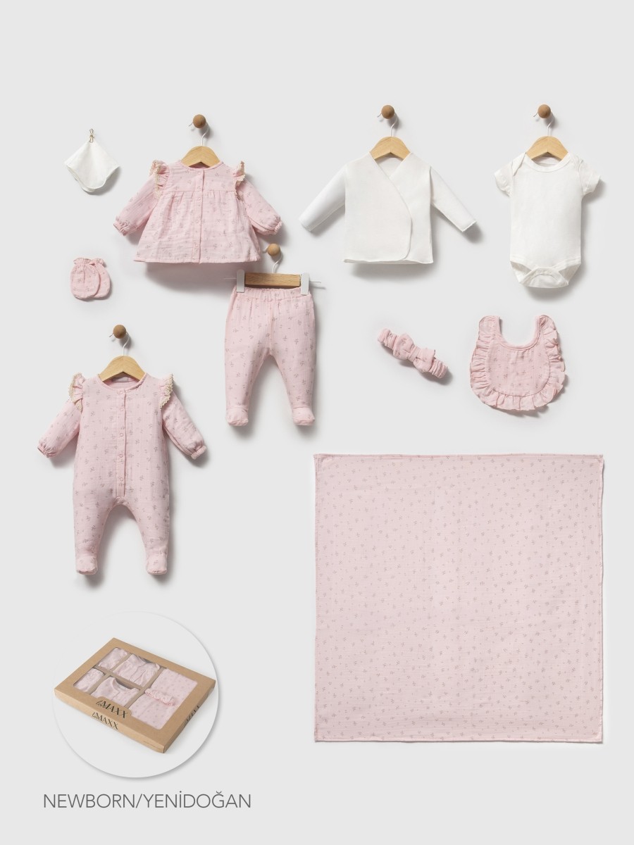 10'lu Müslin Çiçekli Hastane Çıkışı Set (Pembe-Bej)