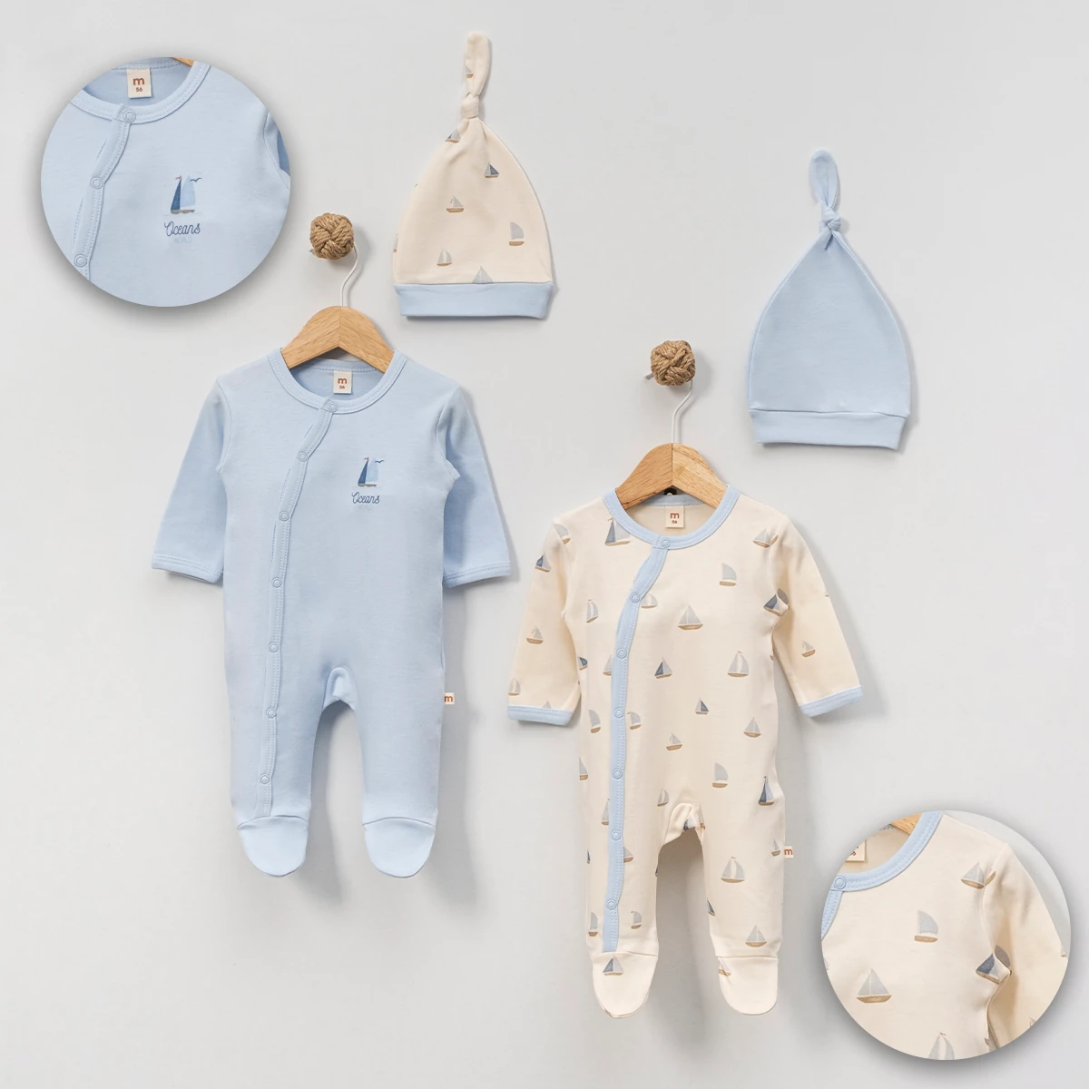 4'lü Yelken Desenli Mavi Tulum ve Şapka Set