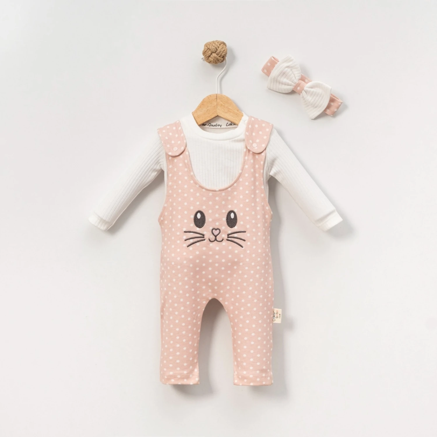 3'lü Kız Bebek Tavşan Nakışlı Body Salopet ve Bandana Set (Pembe-Sarı-Yeşil)