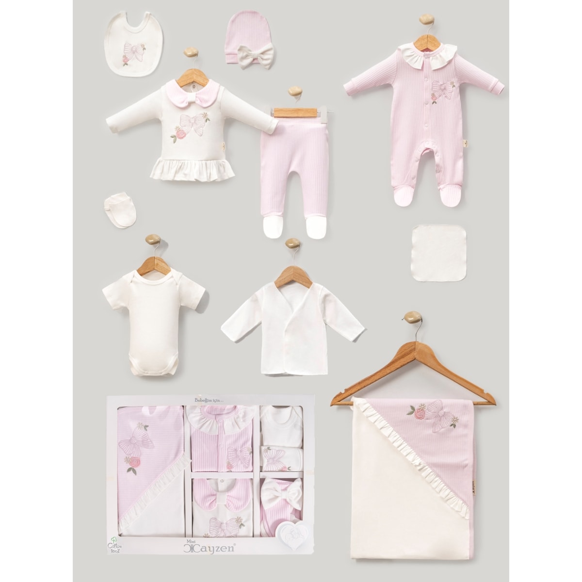 10'lu Kız Bebek Kelebek Nakışlı Hastane Çıkış Seti (Mint-Pembe-Somon) 