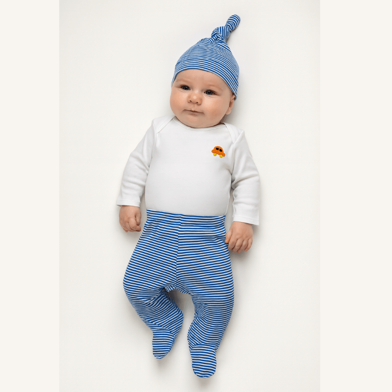 Uzun Kollu Erkek Bebek Organik 3'lü Set Mavi