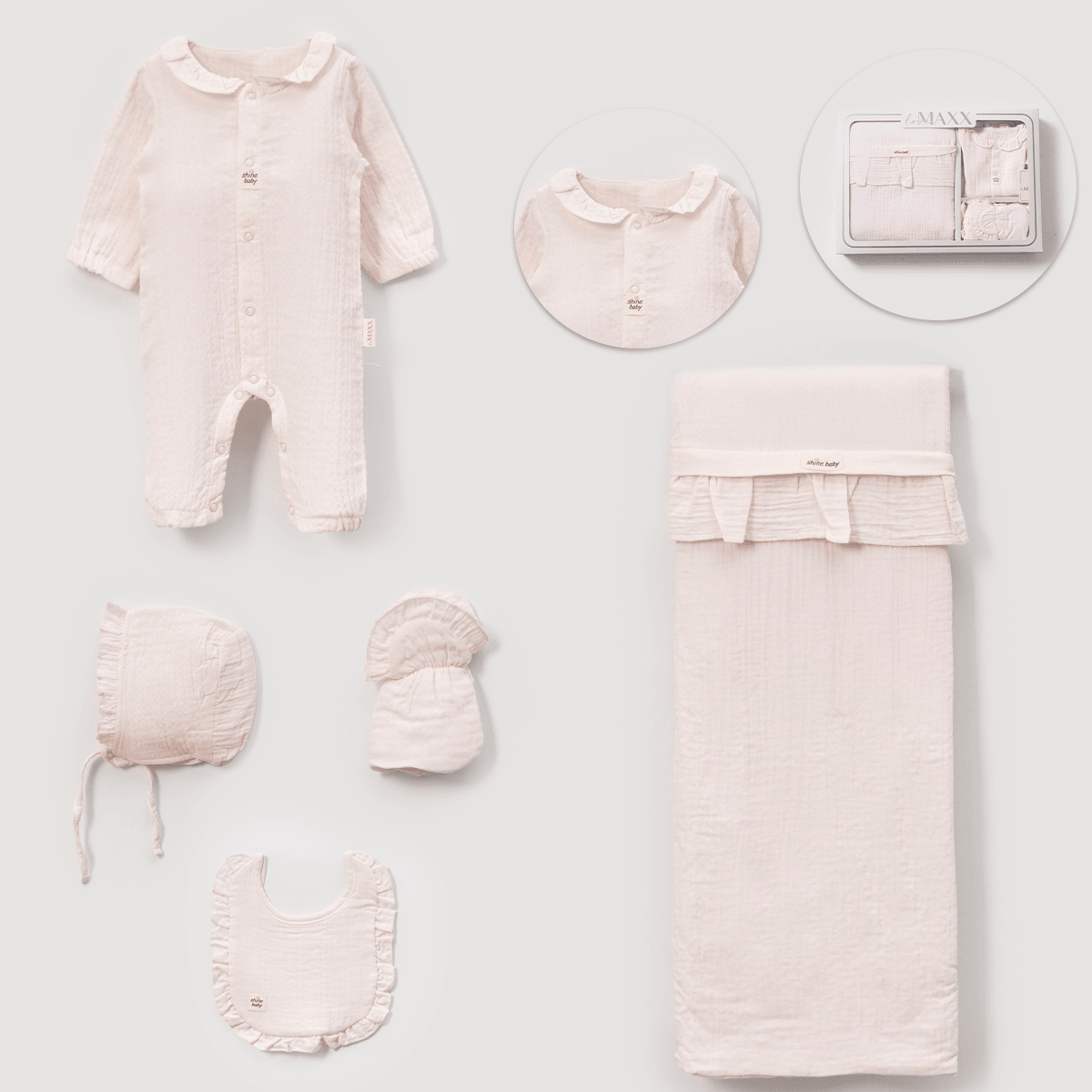 10'lu Müslin Kız Bebek Fırfırlı Hastane Çıkışı Set (Pembe-Ekru)