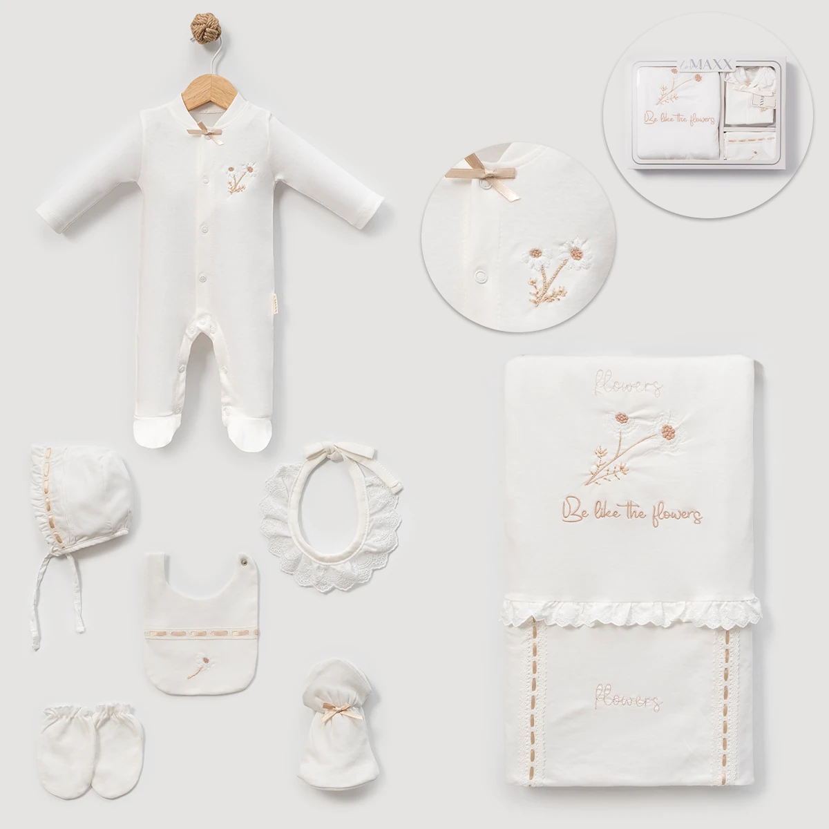 7'li Kız Bebek Nakışlı Be Like The Flowers Hastane Çıkışı Set (Ekru-Somon)