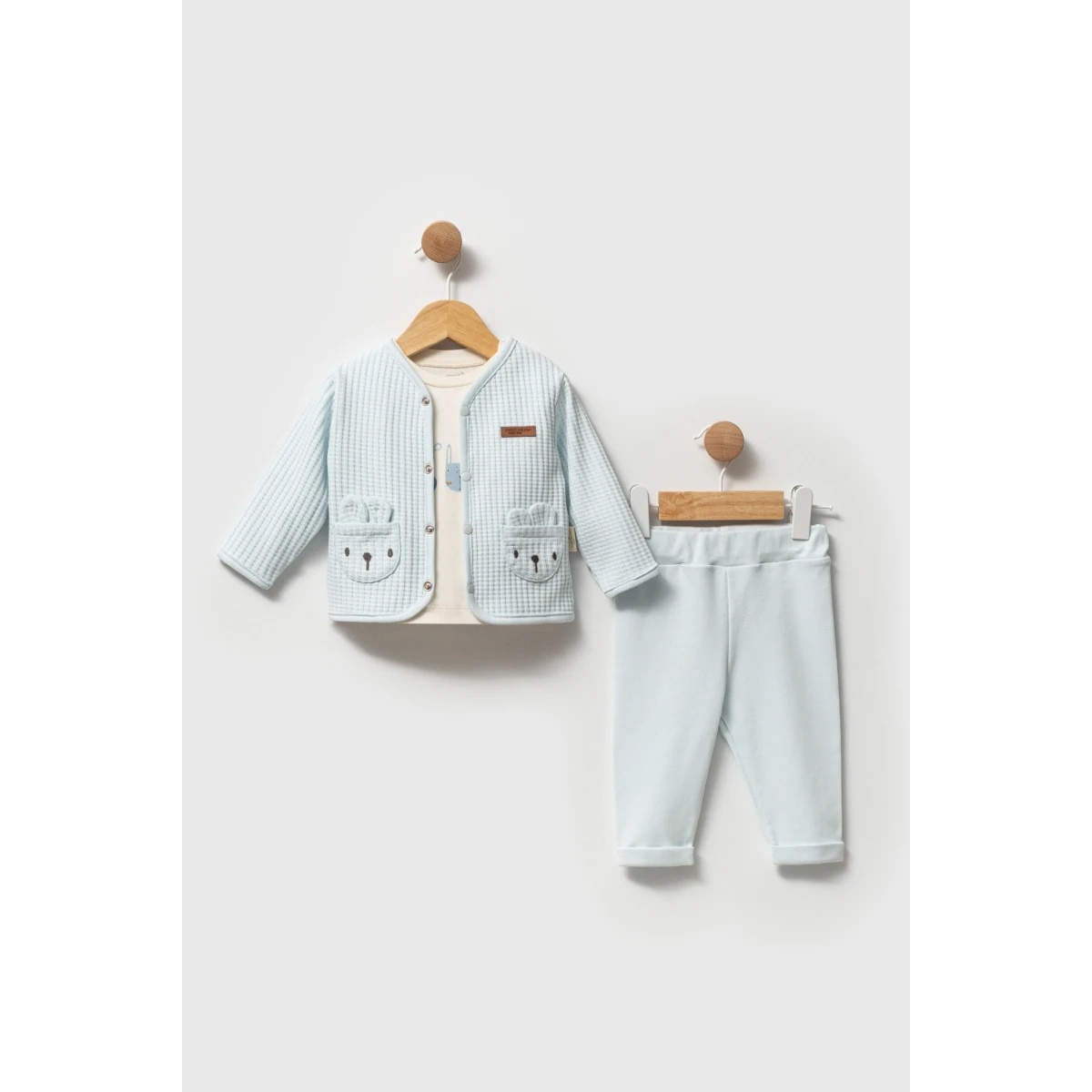 3'lü Erkek Bebek Kulaklı Cepli Ceketli Takım (Mavi-Mint-Gri-İndigo)