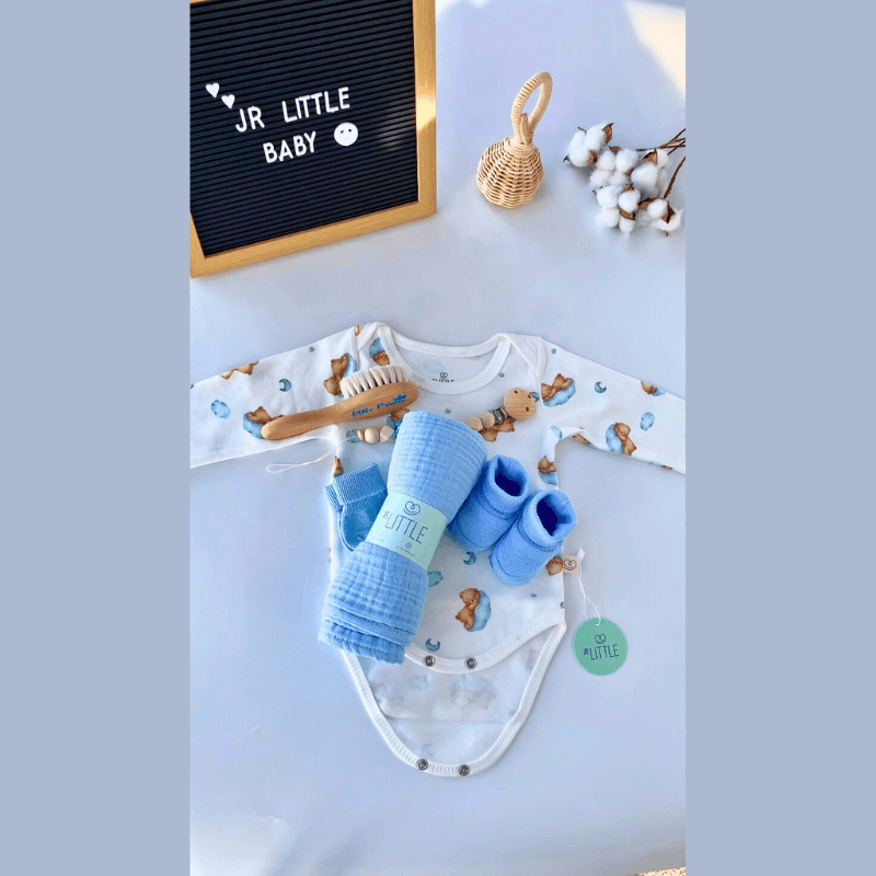 5'li Jr. Teddy Bear Zıbın Seti, Patik, Müslin Bez, Bambu Çorap ve Emzik zinciri, Keçi Kılı Tarak Seti Hediye Seti