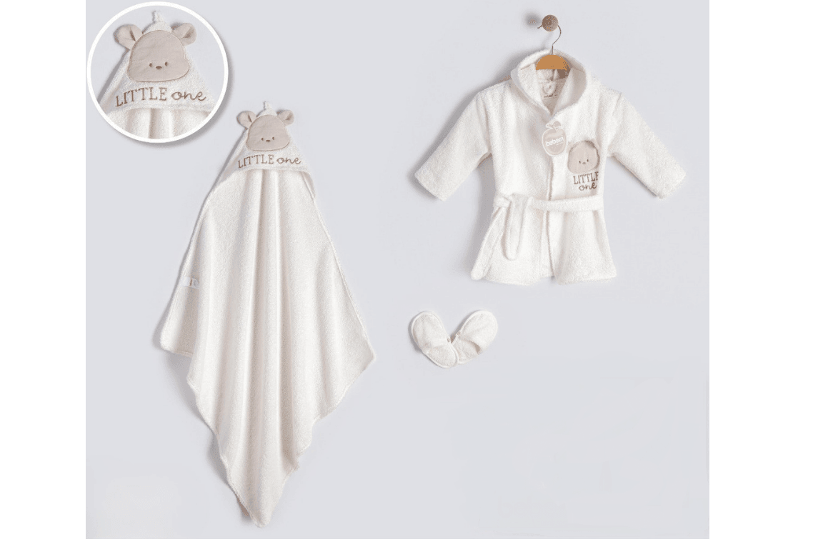 Erkek Bebek Little Bear Ekru Bornoz Set
