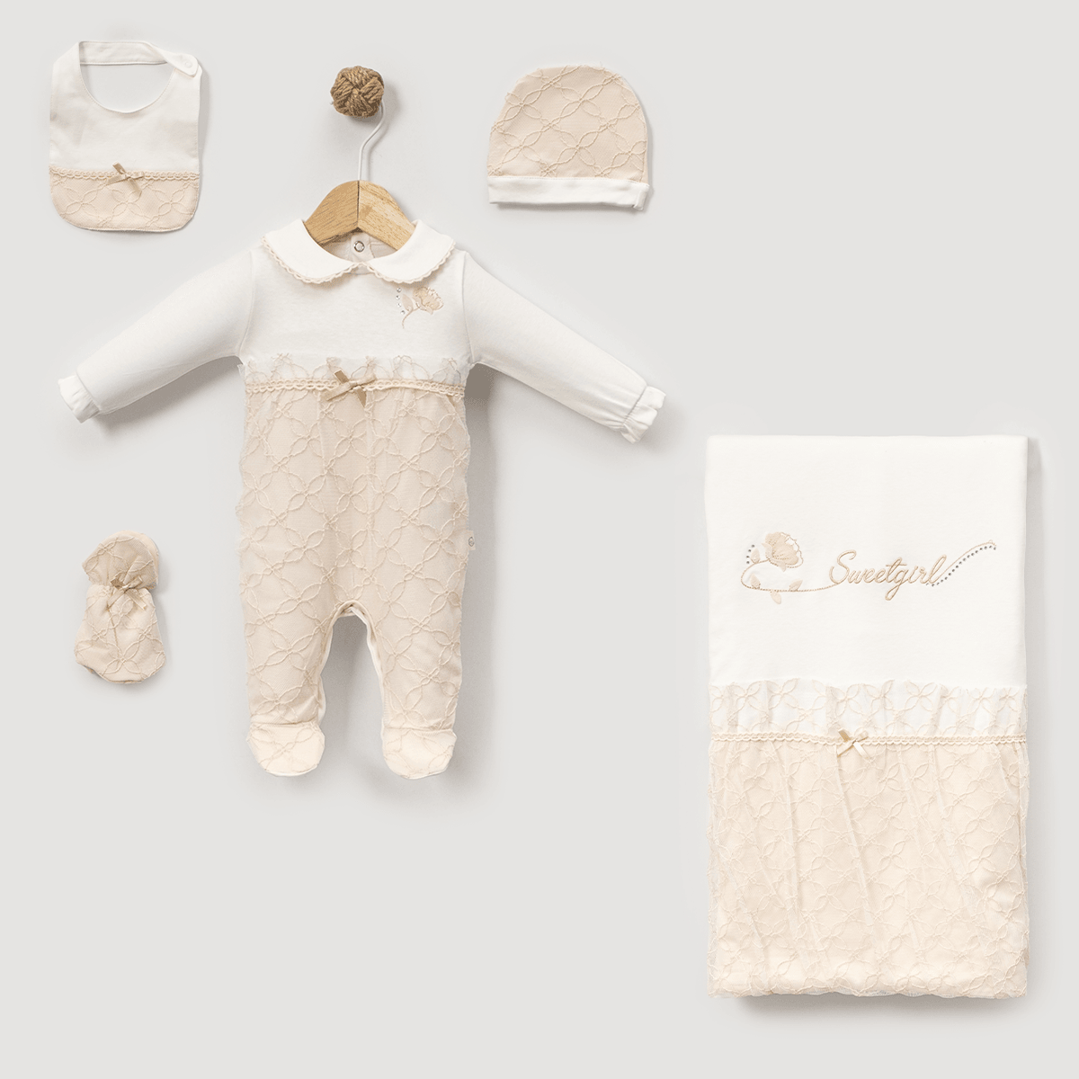 5'li Kız Bebek Sweet Girl Tulumlu Hastane Çıkışı Set (Somon-Bej)
