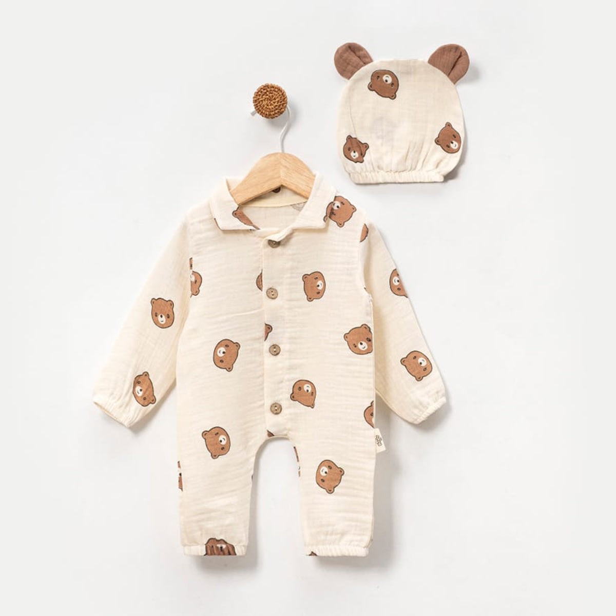 7'li Jr. Teddy Bear Waffle, Müslin Tulum&Şapka, Bej Patik, Müslin Battaniye