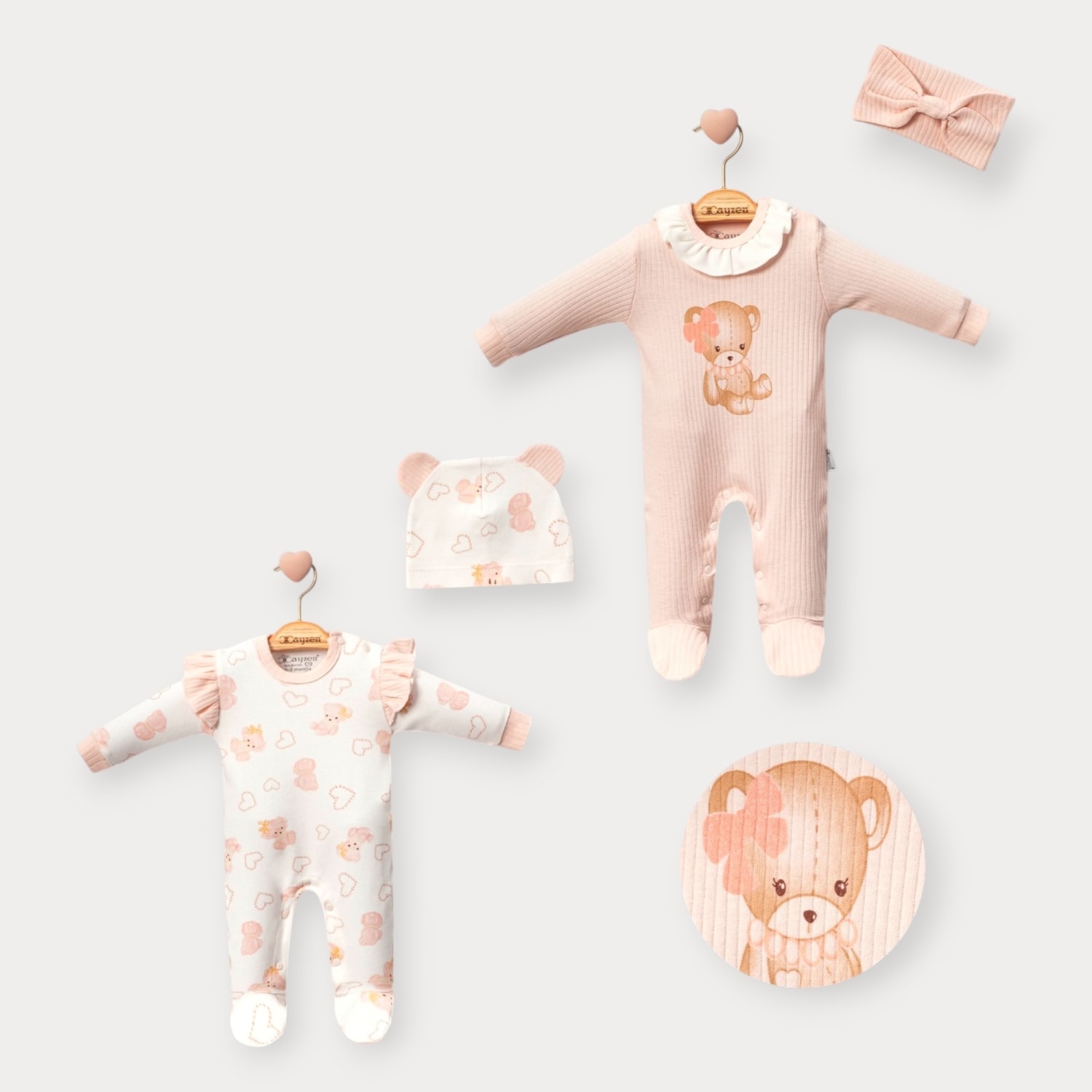 4'lü Kız Bebek Ayıcıklı Somon Tulum, Şapka ve Bandana Set