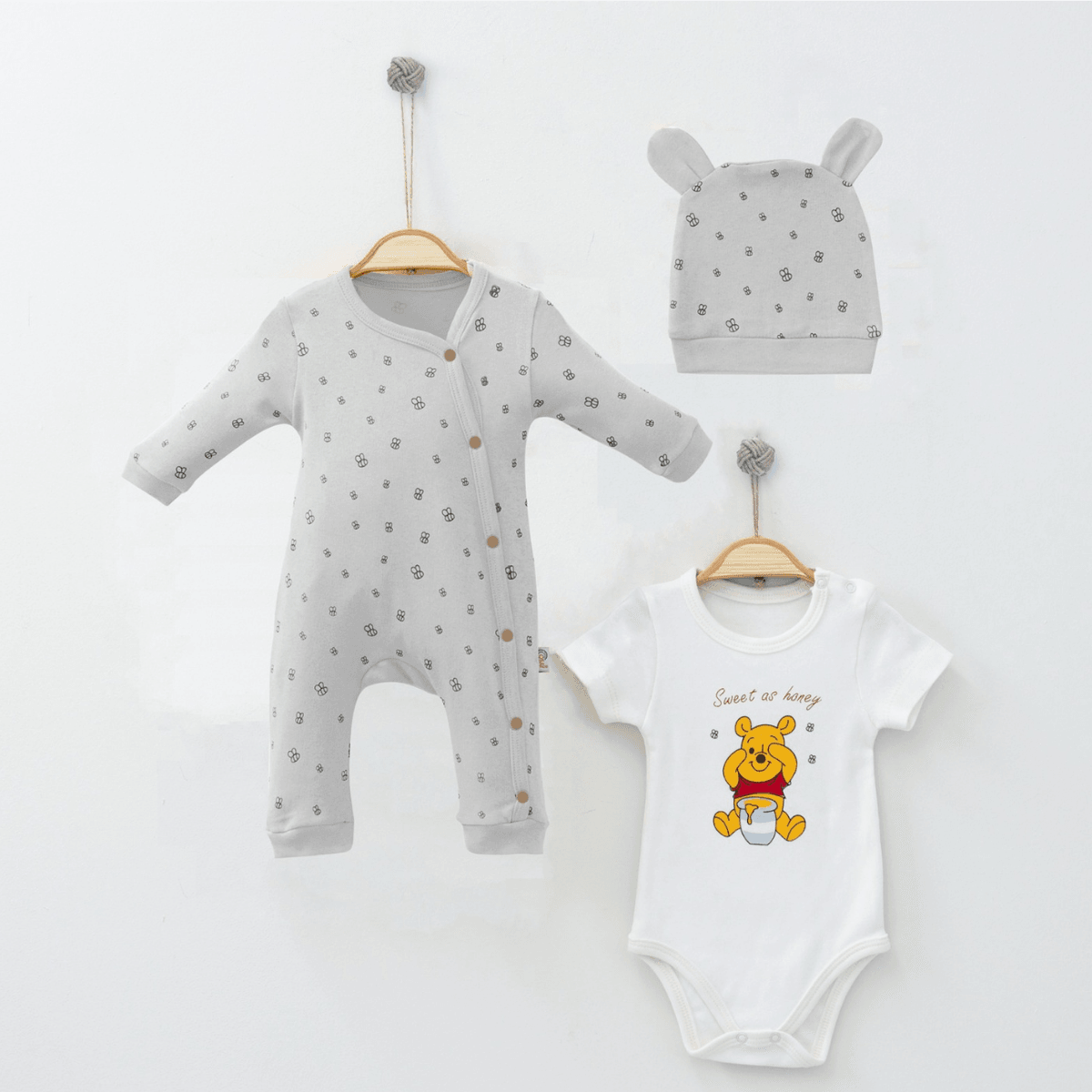 3'lü Ayıcık Desenli Bodyli Tulum Set (Hardal-Gri)