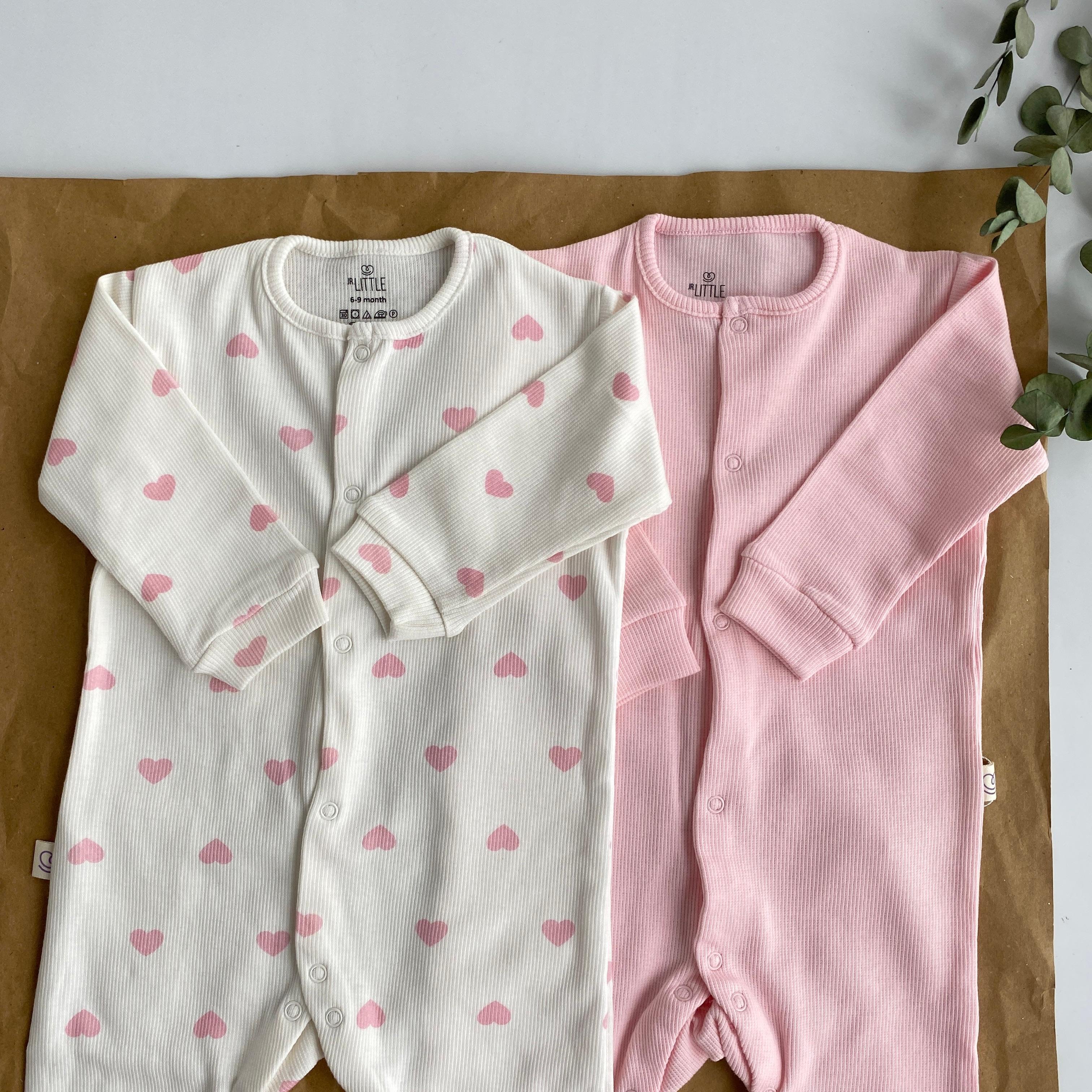 2’li Kalp Desenli, Pembe Bebek Tulum Seti 6-9/9-12 Ay