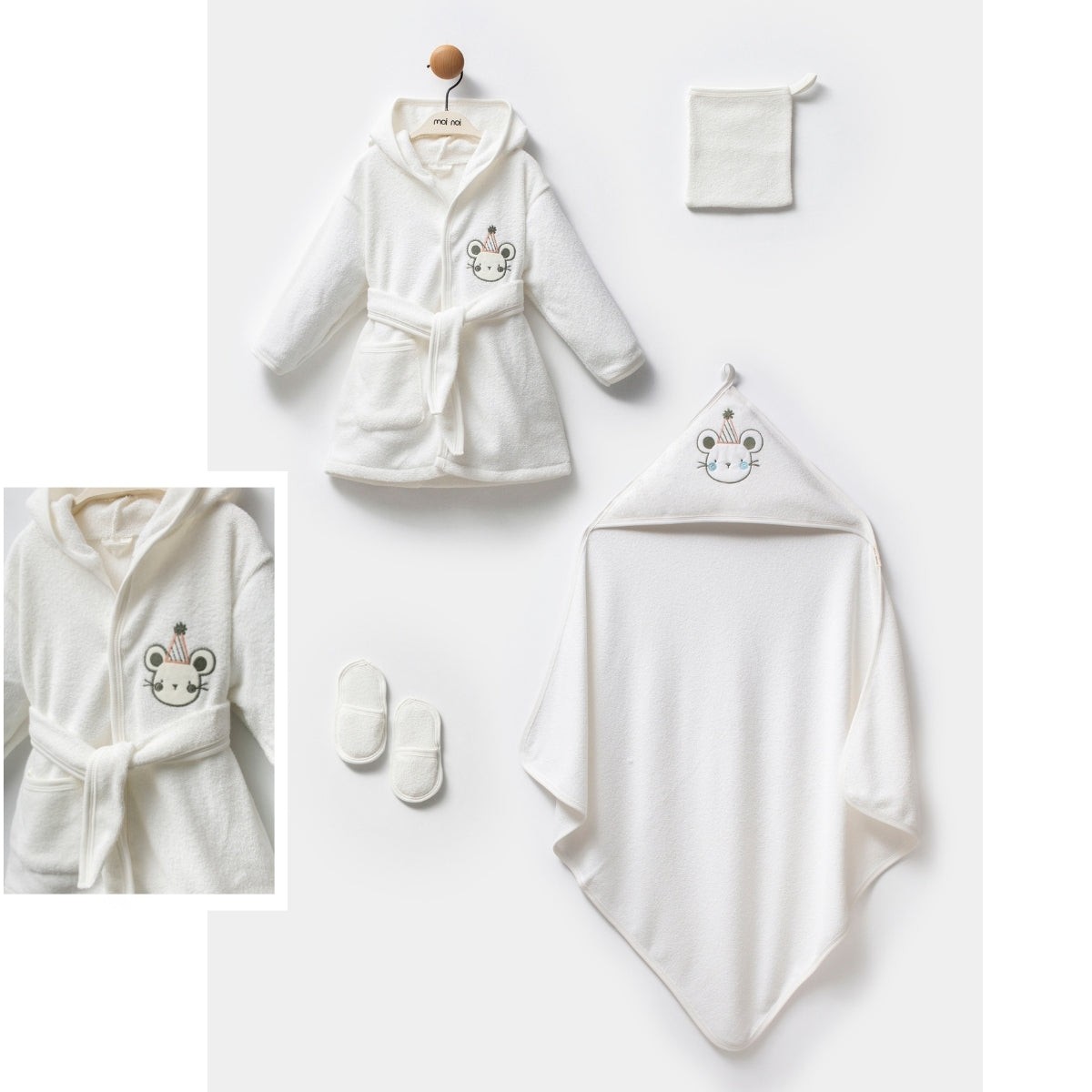 Ekru 0-12 Ay Nakış İşlemeli Bornoz Set (Kuzu-Mouse-Kuş-Kuala)