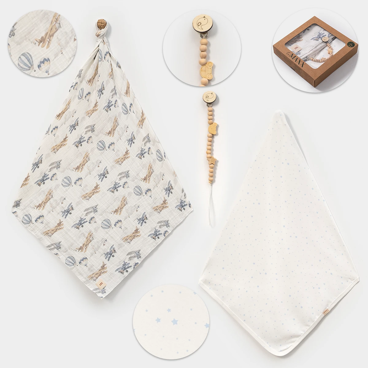 3'lü Planör Müslin- Benekli Penye Battaniye Emzik Zinciri Set