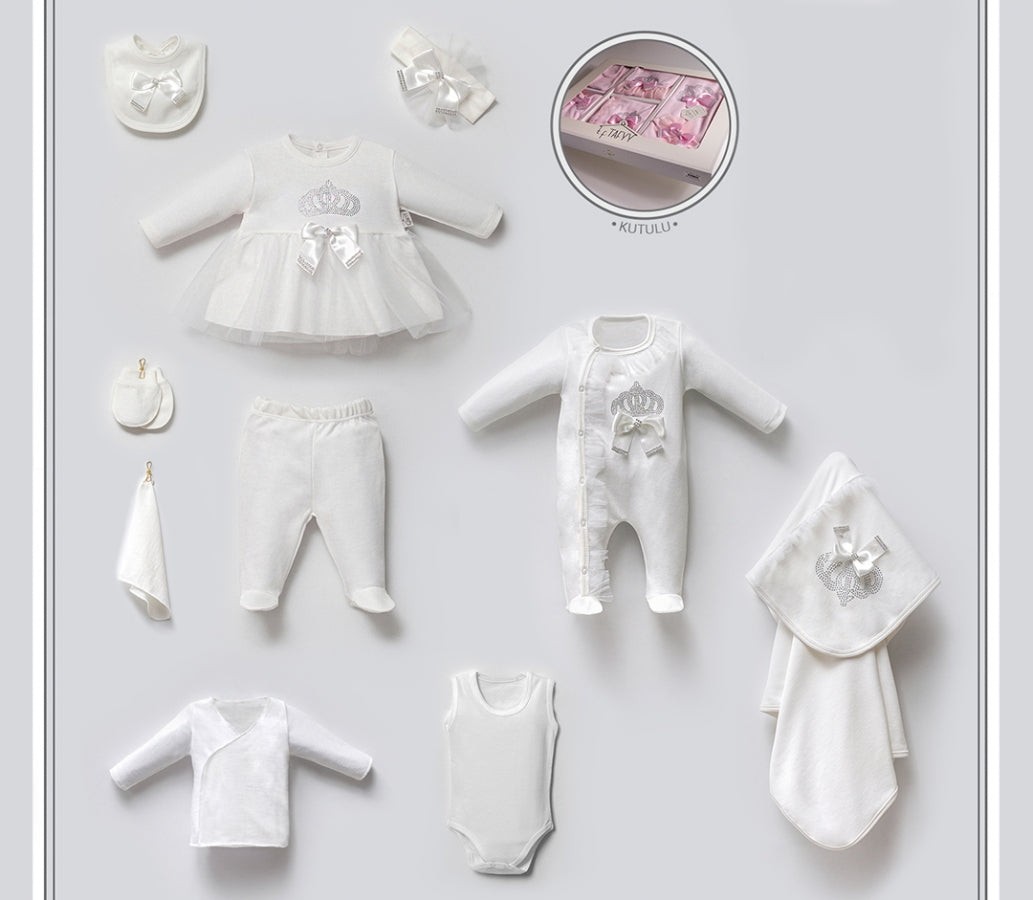 10'lu Kız Bebek Taçlı Hastane Çıkışı Set (Ekru-Somon)