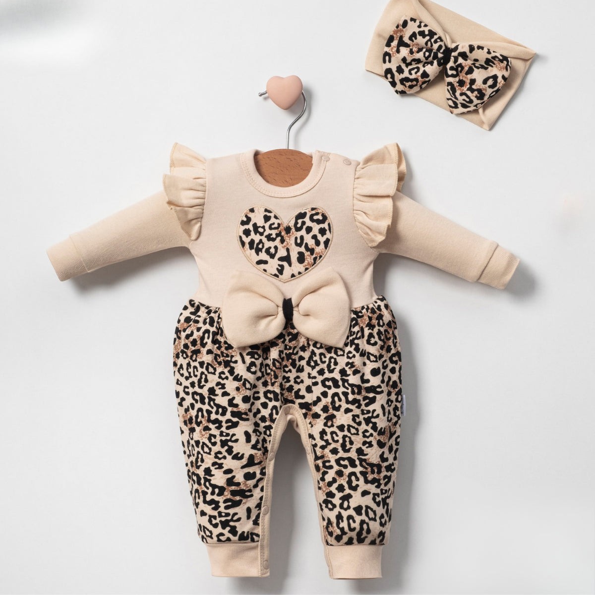 2'li Kız Bebek Leopar Desen Tulum ve Bandana Set (Bej-Siyah) 