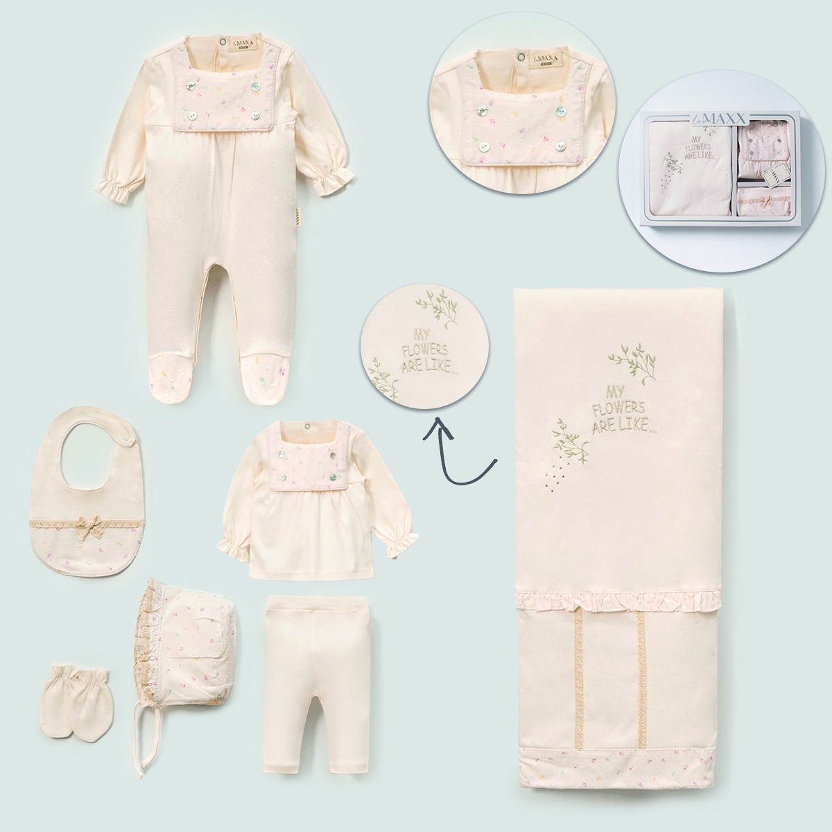 7'li Kız Bebek My Flowers Hastane Çıkışı Set (Ekru-Somon-Pembe)