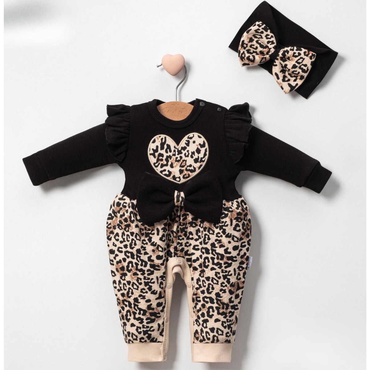 2'li Kız Bebek Leopar Desen Tulum ve Bandana Set (Bej-Siyah) 