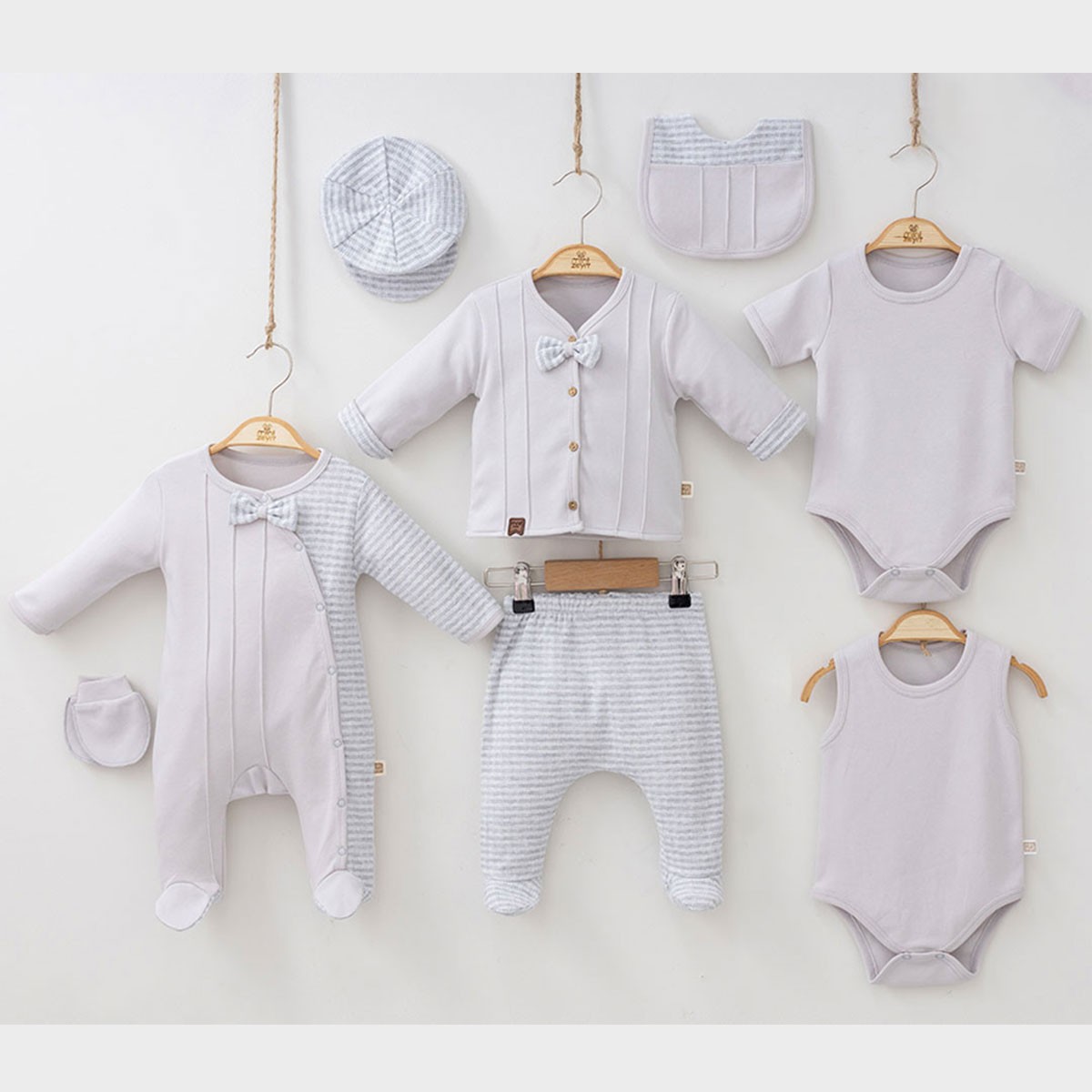 8'li Erkek Bebek Papyonlu Nervürlü Taş Renk Hastane Çıkışı Set
