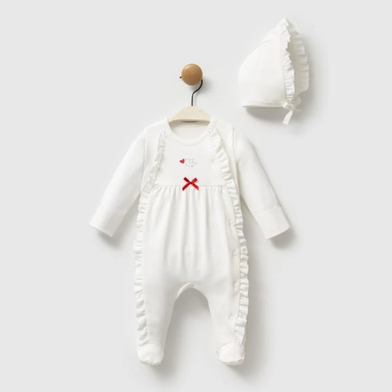 2'li Kız Bebek Tulum ve Şapka Ekru Set