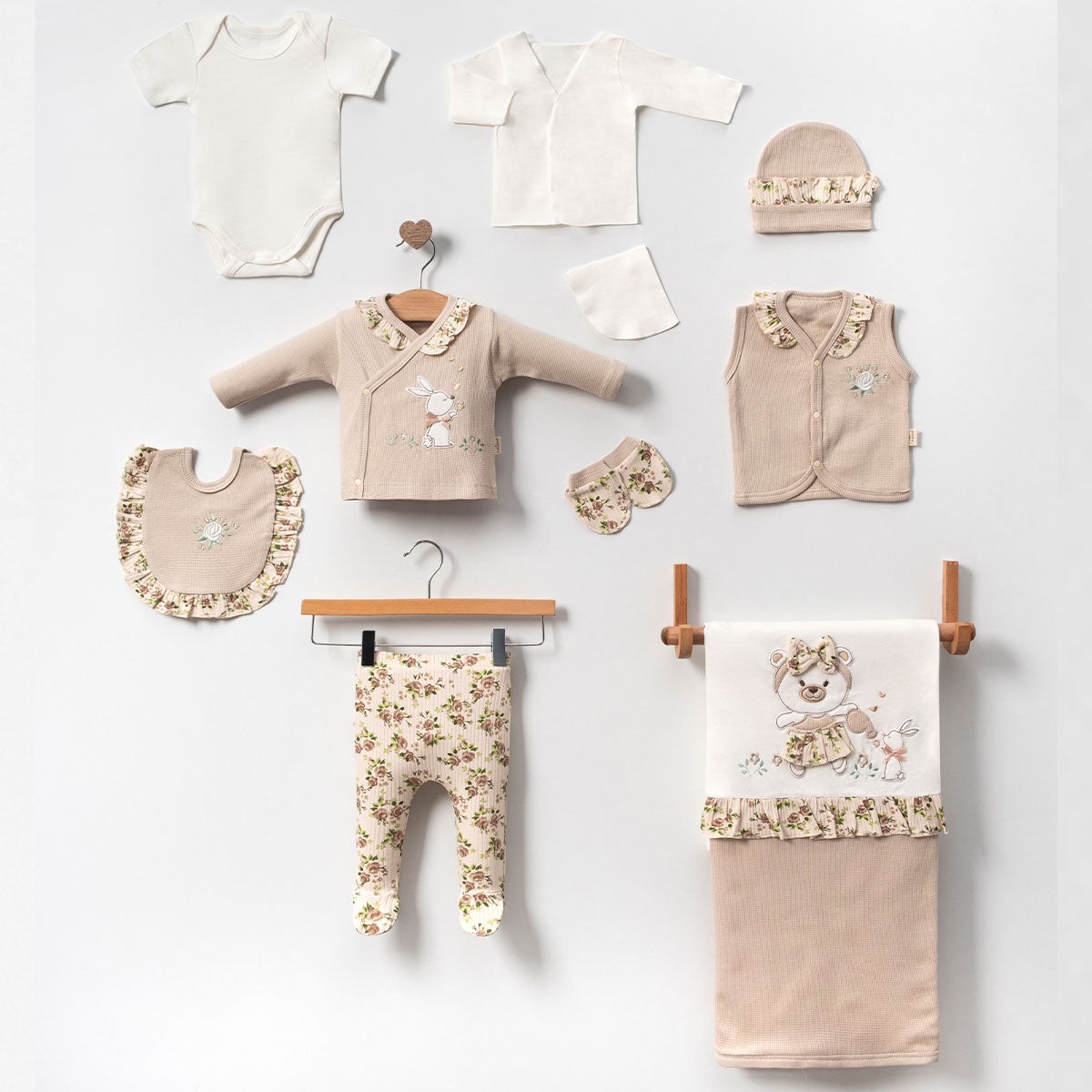10'lu Tavşan Desen Hastane Çıkışı Set (Somon-Mint) 