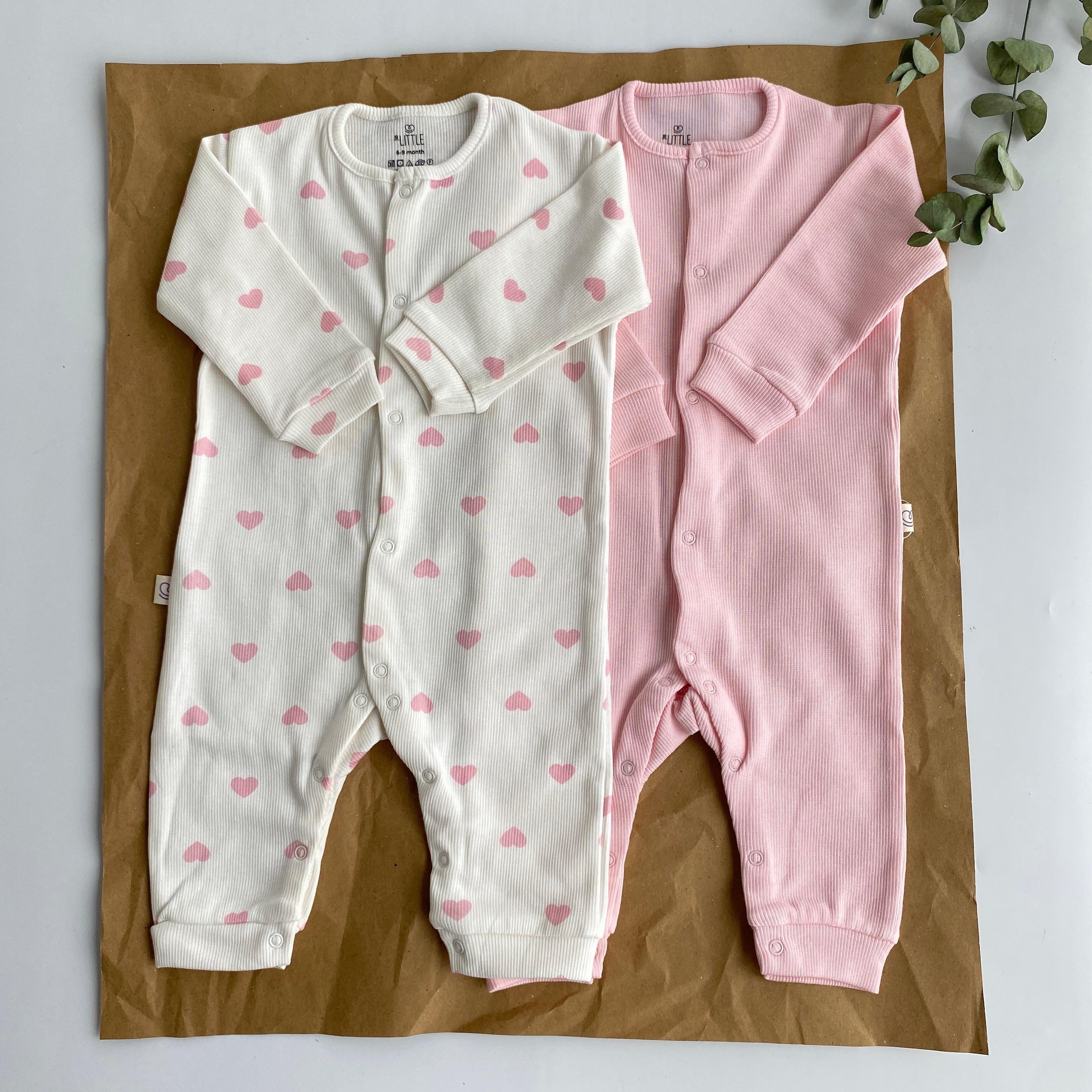 2’li Kalp Desenli, Pembe Bebek Tulum Seti 6-9/9-12 Ay