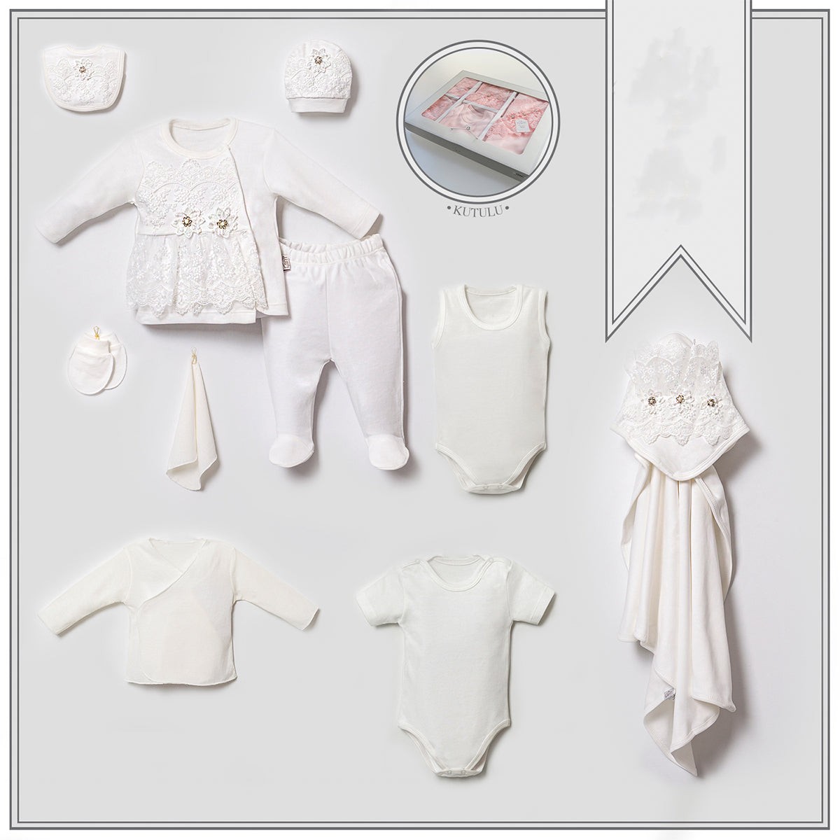 10'lu Kız Bebek Brode Dantelli Hastane Çıkışı Set (Ekru-Somon)