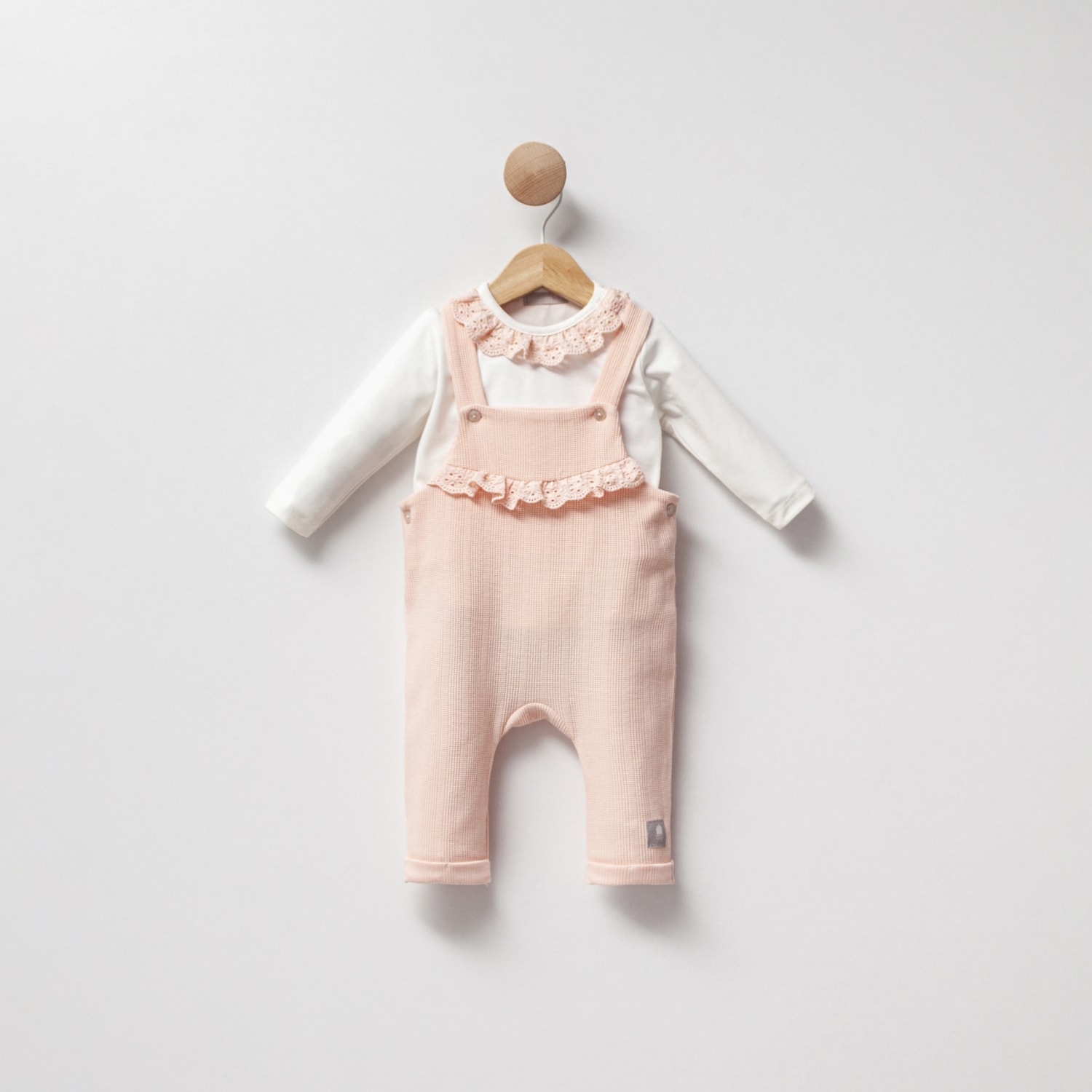 2'li Kız Bebek Bluz Dantel Detaylı Somon Salopet Set