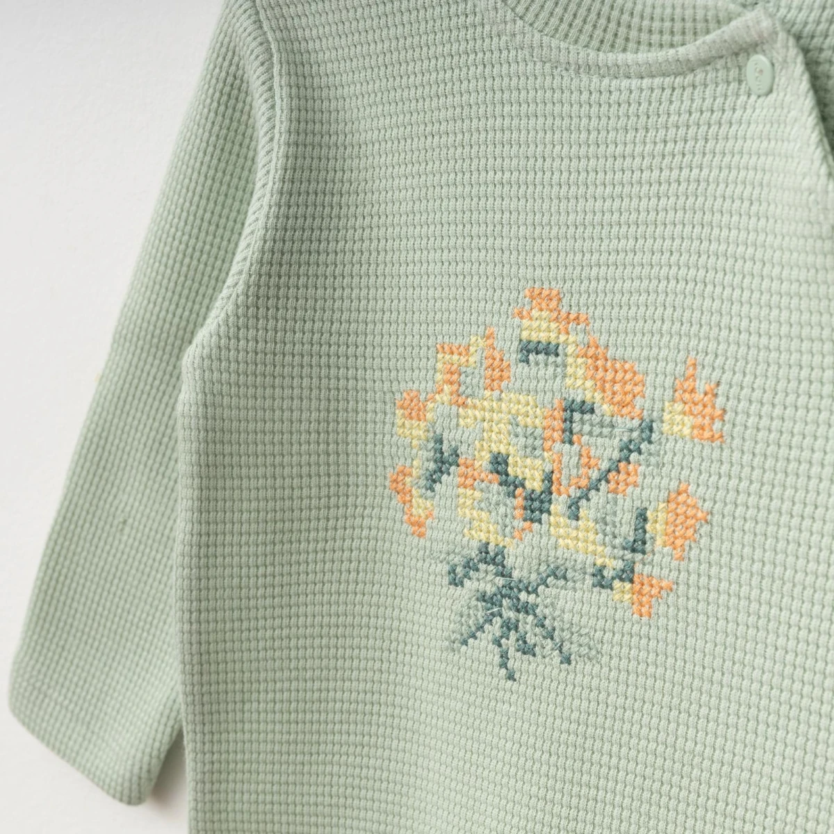 Kız Bebek Kanaviçeli Patikli Tulum (Turuncu-Mint)