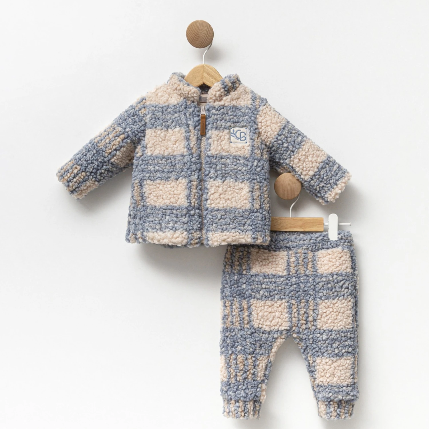2'li Erkek Bebek Mavi Kareli Kapişonlu Kuzu Hırka ve Alt Set