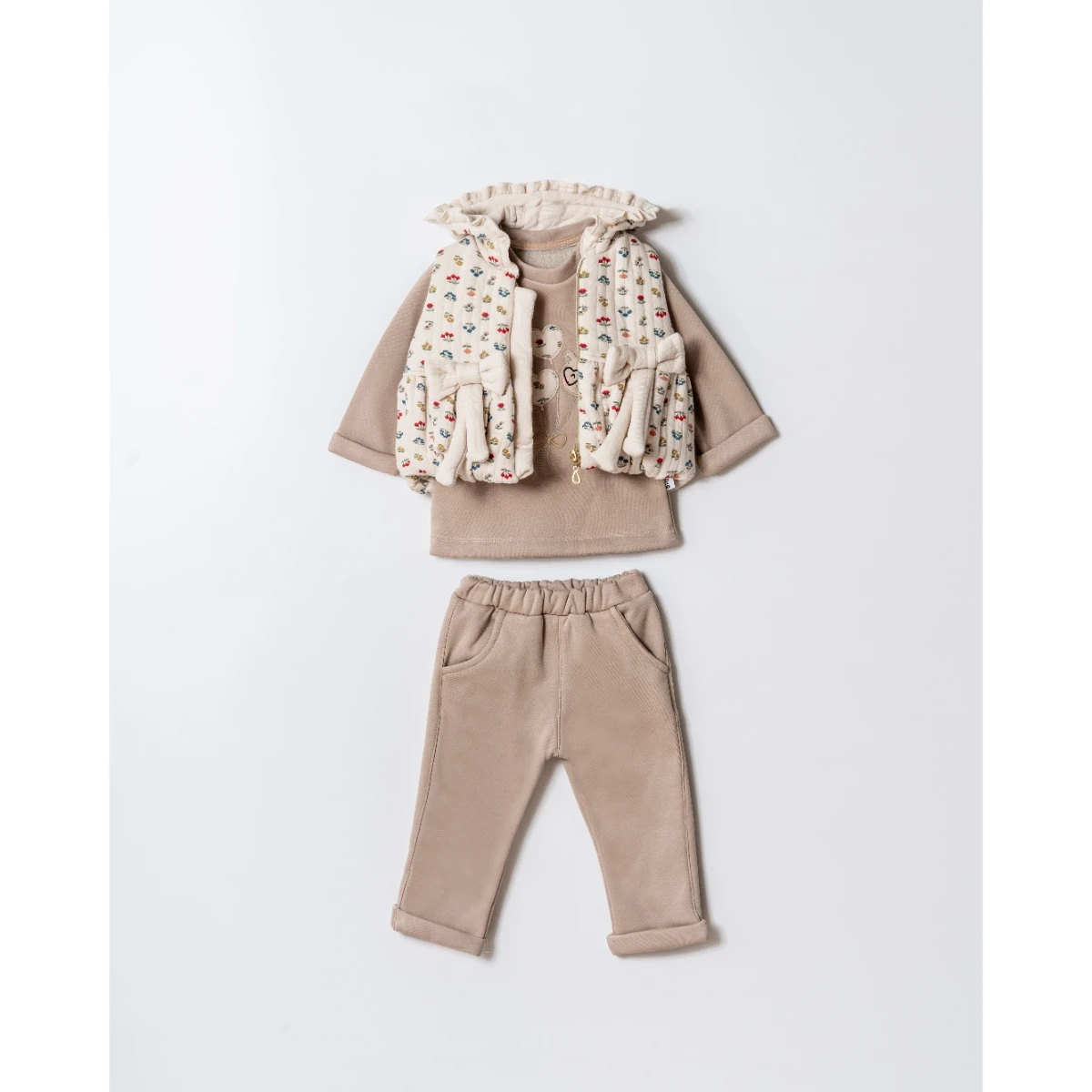 3'lü Kız Bebek Fiyonklu Çiçek Desen Yelekli Takım (Kahve-Mint)