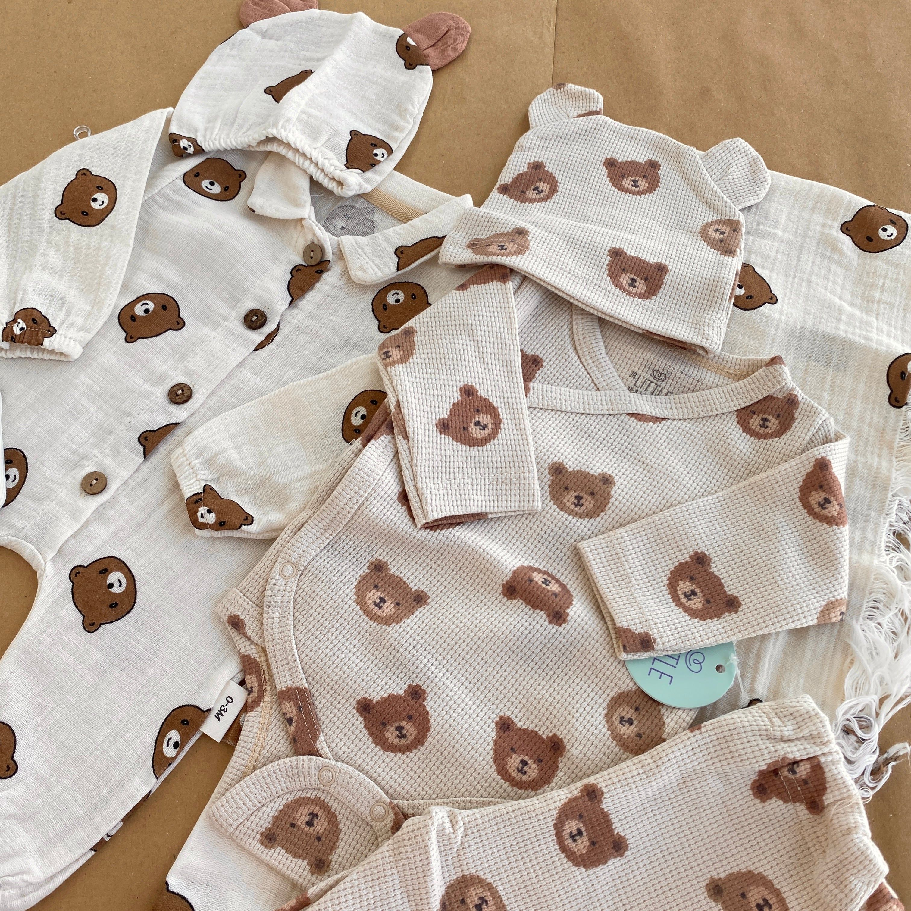 7'li Jr. Teddy Bear Waffle, Müslin Tulum&Şapka, Bej Patik, Müslin Battaniye