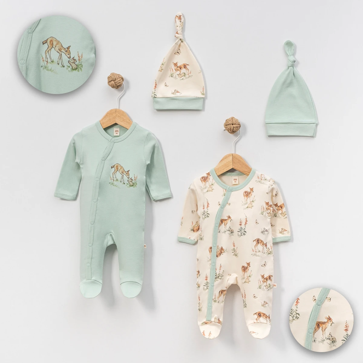 4'lü Geyik Baskılı Tulum ve Şapka Set (Mint-Ekru)