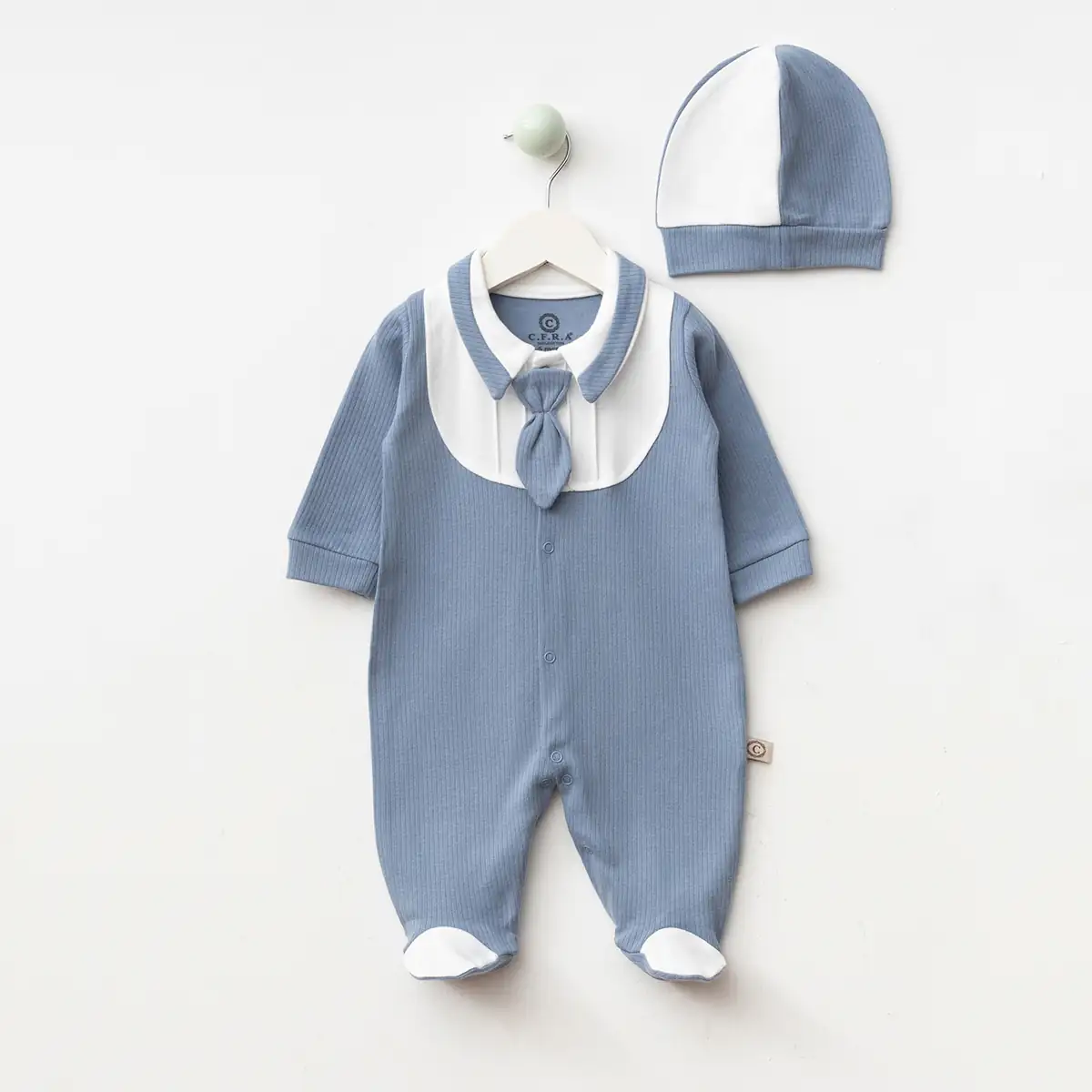 2'li Erkek Bebek Kravat Detaylı Mavi Penye Tulum