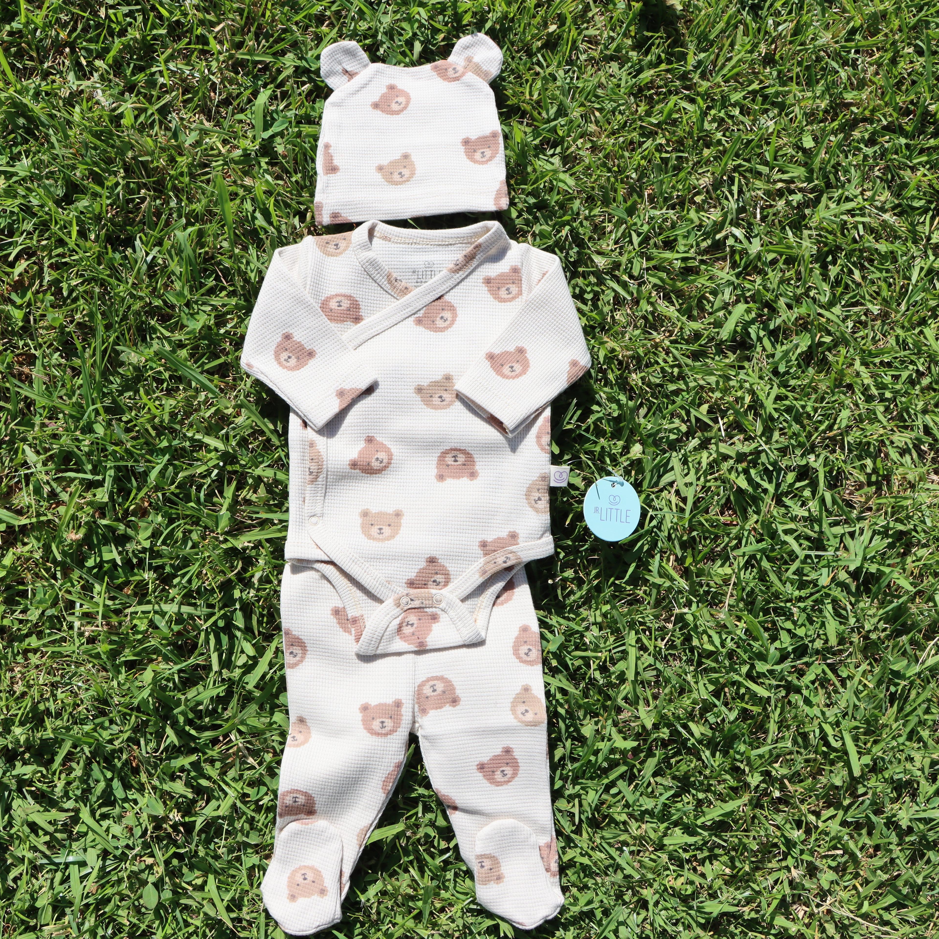 7'li Jr. Teddy Bear Waffle, Müslin Tulum&Şapka, Bej Patik, Müslin Battaniye