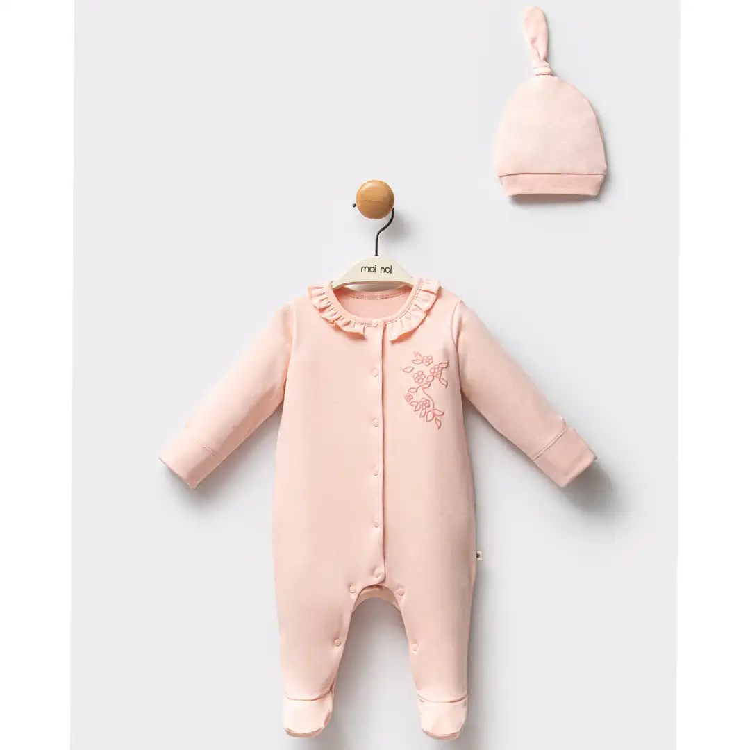 2'li Kız Bebek Dallı Çiçek Baskılı Somon Tulum Şapka Set