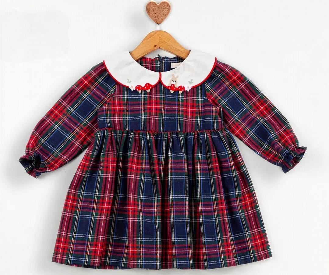 Kız Bebek Kırmızı Kare Çizgili Tavşan Yakalı Elbise