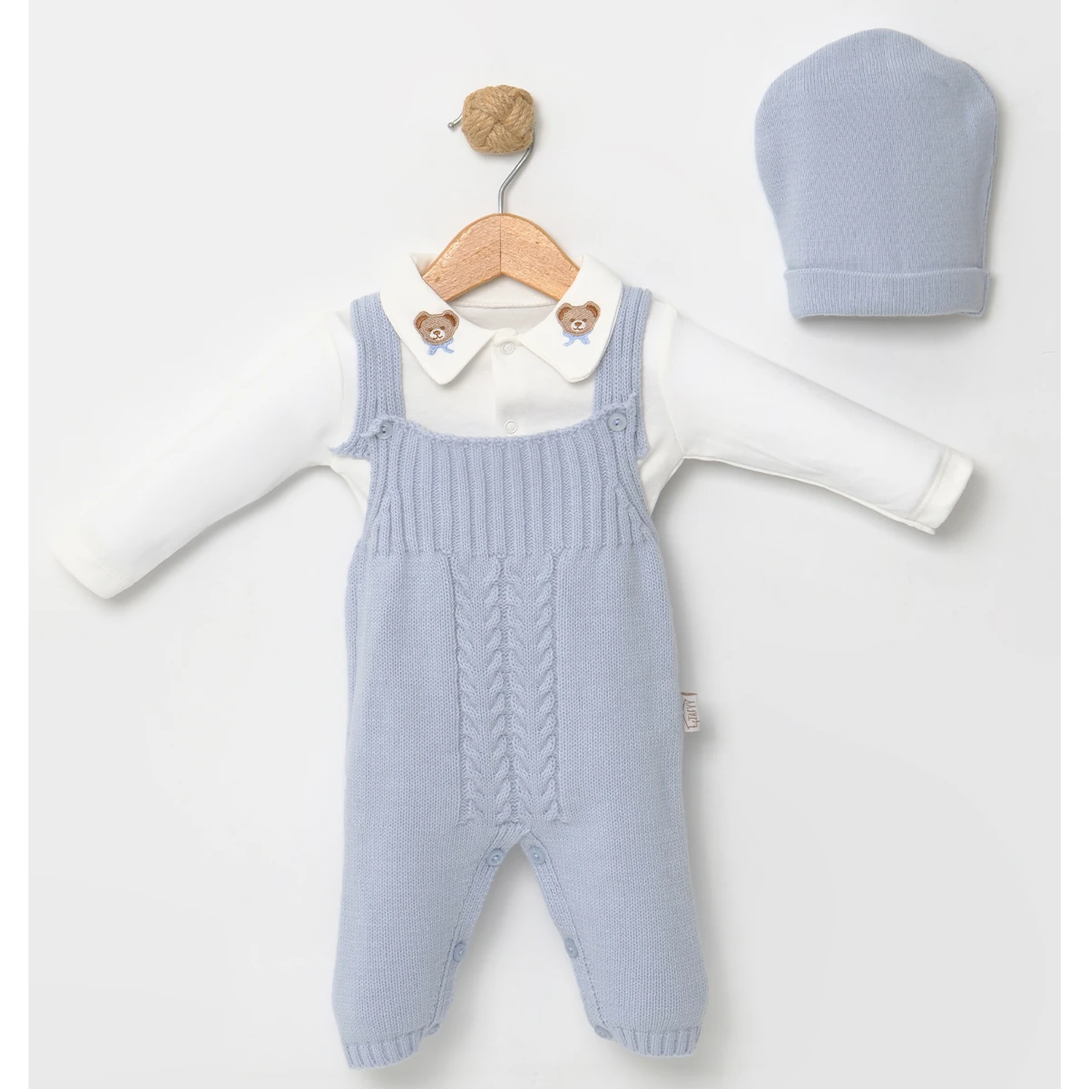 3'lü Erkek Bebek Triko Salopetli Takım (Mavi-Krem)